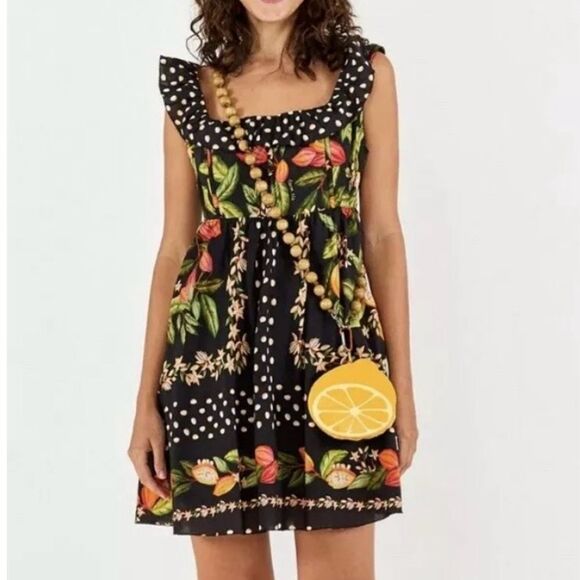 NEW FARM Rio Cocoa Paradise Mini Dress Tropical Polka Dot Ruffle Black Size XL - Picture 1 of 16